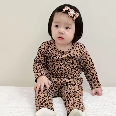 1Set Baby Pajama Set Children's Underwear Set Girls Spring Autumn Long Sleeve Pants Leopard Print Ho