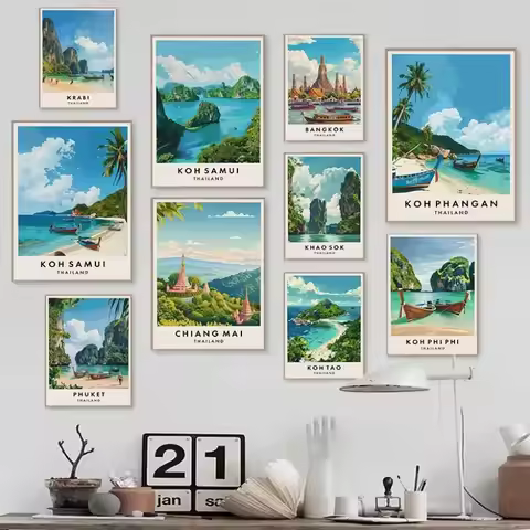 Thailand Travel Art Phuket Chiang Mai Koh Phangan Bangkok City Landscape Poster Asia Scenery Canvas 
