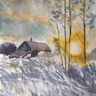 冬季風景原創水彩畫牆藝術廚房畫櫃