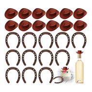 24 Pieces Western Theme Lucky Horseshoe Ornament and Mini Cowboy Hat Crafts Miniature Horse Shoes We