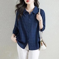 【时光的霓裳】 Women Daily Retro Casual Loose Long Sleeve Solid Color年纯色棉质薄款五分袖衬衫女文艺单排扣时尚宽松上衣 【0920fJEeHZO8