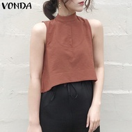 เสื้อสายเดี่ยวทรงเอไลน์แขนกุดแฟชั่นสำหรับผู้หญิง VONDA เสื้อเสื้อยืดคอกลมวันหยุดสายเดี่ยวสีพื้น Camisoles (ลำลองเกาหลี)