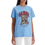 Ganni Tiger Pattern Print Round Neck Loose Blue Short Sleeve Top