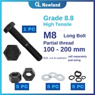 Newland Agriculture M8 Bolt and Nut - Grade 8.8 Hex Long Bolt Partial Thread / Nut / Skru / Screw Pa