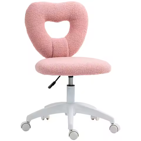 Armless 电脑桌椅, Office Task Chair, Teddy Fleece Heart Makeup Vanity Chair with Swivel Wheels, Pink