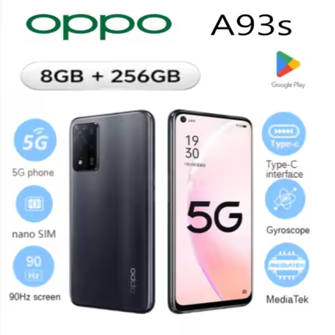 2026 new OPPO A93s 5G smartphone globally unlocked dual Nano-SIM, 6.5-inch 90 Hz display 8/256 GB st