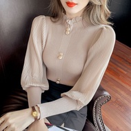 เสื้อล่างผ้าชีฟองเสื้อบนตาข่ายคอเต่าเสื้อแฟนเกาหลีชีฟองระบายด้านในของผู้หญิง