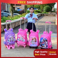 beg sekolah roda perempuan lelaki Puteri versi Korea gadis kecil troli beg sekolah untuk kanak-kanak untuk mengurangkan beban menaiki tangga enam pusingan pelajar sekolah rendah kelas 2-6 boleh dilepas
