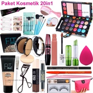 Paket Kosmetik Lengkap Glow Up 20in1 Murah Set Makeup Wajah Bedak Maskara Lipcream Lipbalm Spons Eyeshadow Dompet Cermin Bulat Sisir+Cermin Kuas 5in1 Alat Cetak Alis Isi 3 Foundation Tube Concealer  Bulu Mata+Lem Pensil Alis Eyeliner GRATIS Tas Kosmetik