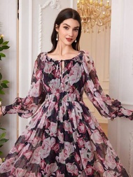 Vestido largo de mujer con estampado floral para primavera/verano con cintura ajustable, mangas largas, dobladillo dividido y estilo elegante