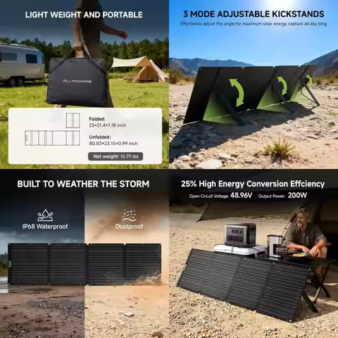 200W Portable Folding Solar Panel, 23%-25% Efficiency Monocrystalline for Camping and RV, 41.6V, IP6
