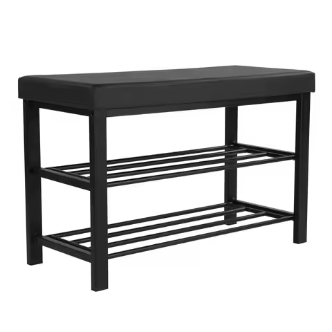 3-Tier Shoe Rack Bench Padded Seat Faux Leather Metal Frame Entryway Hallway 12.2x31.9x19.3 Inches B