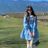 Lady Blue Dress with Bow Sleeves (V58)