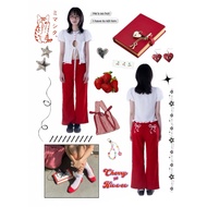 Little Things Red velvet pants embroidered with bows- Red velvet pants coquette