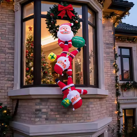 8FT 2.4M Hanging Christmas Inflatables Decorations Santa Claus Climbing Wall with Gift Bag Blow Up Y