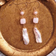 14KGF 粉紅蛋白石 珍珠 長型耳環 天然石 Pink Opal earrings