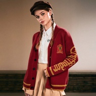 Women Gryffindor House Embroidered Logo Drop Shoulder Loose Cardigan Sweater