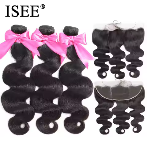 ISEE HAIR Human Hair Bundles With Frontal 13*4 Pre Plucked Lace Frontal Remy Peruvian body Wave Bund