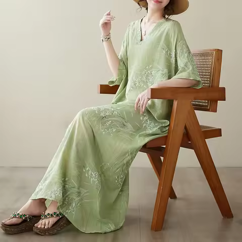 Summer V-Neck Cotton Lin Loose Long Dress Retro Beach Style Artistic Large Size Clothing Comfortable
