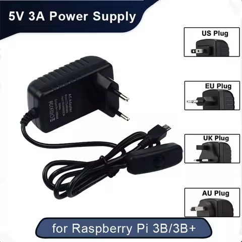 5V 3A Raspberry Pi 3B+ 3B Power Supply with Switch Button Power Adapter Micro USB Port for Pi Zero 2