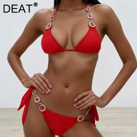 DEAT New Arrival Fashion Solid Color Rhinestone Diamond Strap Swimsuit For Women Beach Vacation Biki