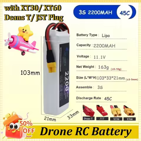 11.1V 2200mAh 3S 45C LiPo Battery for RC Car FPV Drones Boats Helicopters Vehicles with XT30/ XT60/ 