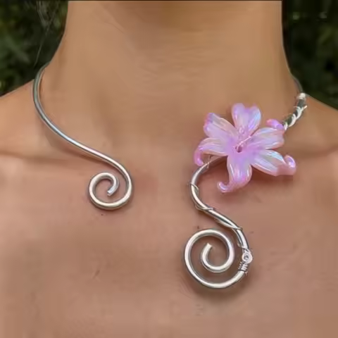 Fashion Colorful Iris Flower Necklace Flower Pattern Spiral Adjustment Collar Necklace Adjustable Le