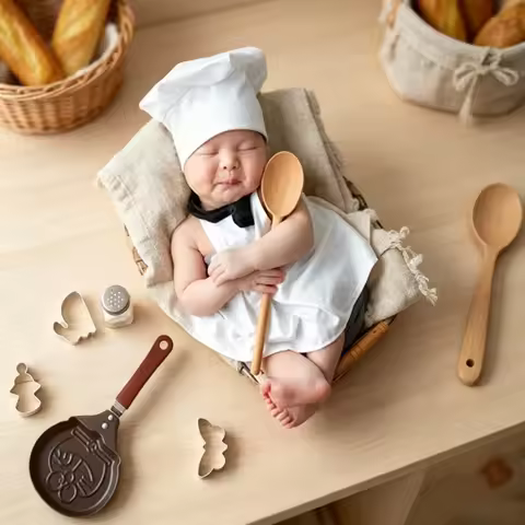 White Chef Apron Outfit Children Photo Costume Infant Growth Record Prop For Baby Boy Girl Studio Sh