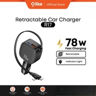 OLIKE R17 CAR CHARGER RETRACTABLE CABLE LIGHTING & TYPE C + 2 PORTS USB AND C FAST CHARGING