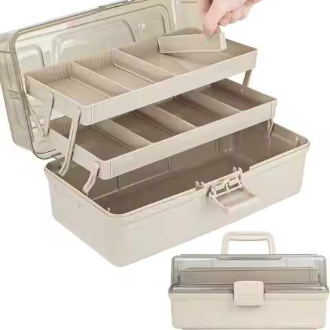 3-layer multifunctional craft storage box with adjustable dividers, portable fishing gear box, foldi