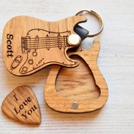 Keychain guitar, wooden personalized guitar pick holder, guitar pick keyring