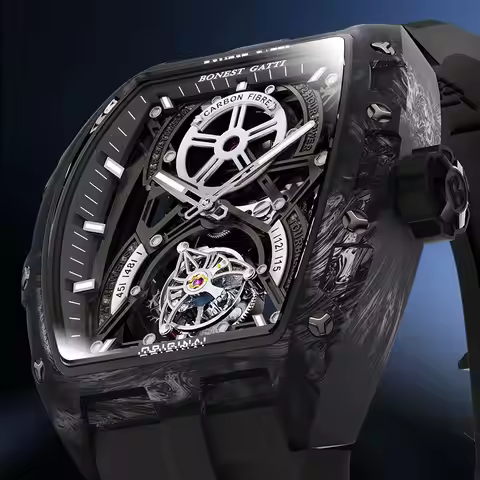 BONEST GATTI New Luxury Men Automatic Mechanical Tourbillon Skeleton Carbon Fiber Luminous Barrel Ca