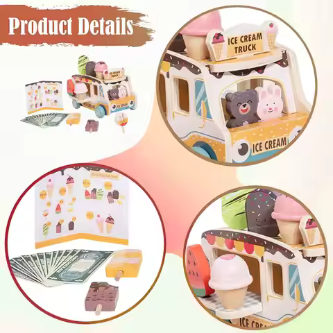 Wooden Ice Cream Cart Toys Skill Development Educational Pretend Play Food Truck, Imaginative Play f