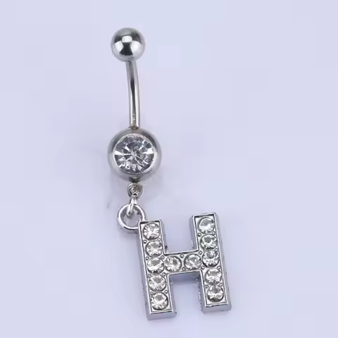 1 PC 26 Letter A To Z Style Body Piercing Crystal Rhinestone Inlaid Navel Belly Button Ring Stainles