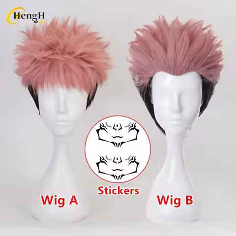 2 Styles Itadori Yuji Anime Synthetic Unisex 30cm Pink Orange Gradient Black Cosplay Wig And Sticker