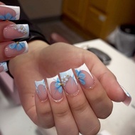 Wearing Nails French Blue Flowers Fake Nails Manicure Short Nails Fresh High-End Wearing Nails Frenc