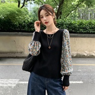 M-4XL Korean Black Floral Print Long Sleeve Bishop Cuff Round Neck Plus Size Loose Women's Top
