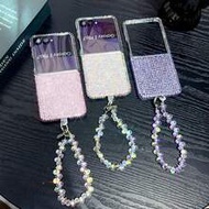 Minimalist Sparkly Rhinestone Foldable Phone Shockproof Case Solid Color With Beaded Lanyard Compati