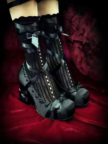 Dollybae Gothic Black Satin Ballet Shoes Women's Sweet Princess Single Heel 9CM Heightening High Hee