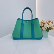 MS0504 Hermes 愛馬仕 花園包 手提 帆布 綠色拼藍色 銀扣  Garden Party 30 Canvas 6W Menthe and 7W Bleu Izmir x PHW