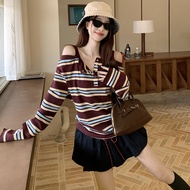 Striped Fake Two Piece T-shirt Contrasting Off Shoulder Sweet Cool Style Women Loose Top GA
