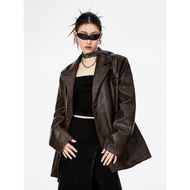 เสื้อแจ็คเก็ตหนังสไตล์อเมริกัน ICH MODE สำหรับผู้หญิง ฤดูใบไม้ผลิ 2025 ทรงหลวม สไตล์ย้อนยุค เสื้อคลุ