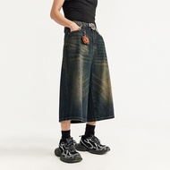 New Wide Leg Cropped Jeans for Men and Women Summer Thin Vintage Washed Distressed Loose Men's Denim