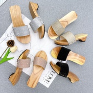 TY San San 5-SECTION HIGH HEEL WOODEN CLOSES - Women's Velvet Strappy Clogs with Silk Straps worn wi