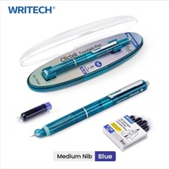 WRITECH Clictek Fountain Pen Set Retractable Style Blue Ink Medium Nib Transparent Barrel, Includes 