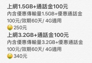 3.2G+100元通話金 中華電信預付卡儲值