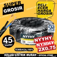 Kabel Listrik NYMHY NYYHY SNI Serabut Tembaga 2x0,75 1 ROLL 45 METER FULL 2x0.75 NYY HYO Kabel Hitam Putih Tembaga Asli