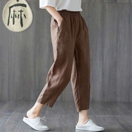 Women's Cotton-Linen Harlem Pants - Elastic Waist, Cropped Carrot Fit
