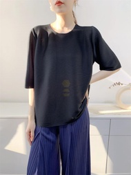 ☍㍿ Aiden001 Average Size (45-70Kg) Pleated Top Womens T-Shirt Summer Toothpick Craft Short Sleeve Co