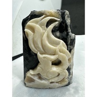 D9630 Natural Thai Dragon Palace Relic Raw Ore White With Black King Kong Carving Nine-Tailed Fox Fa